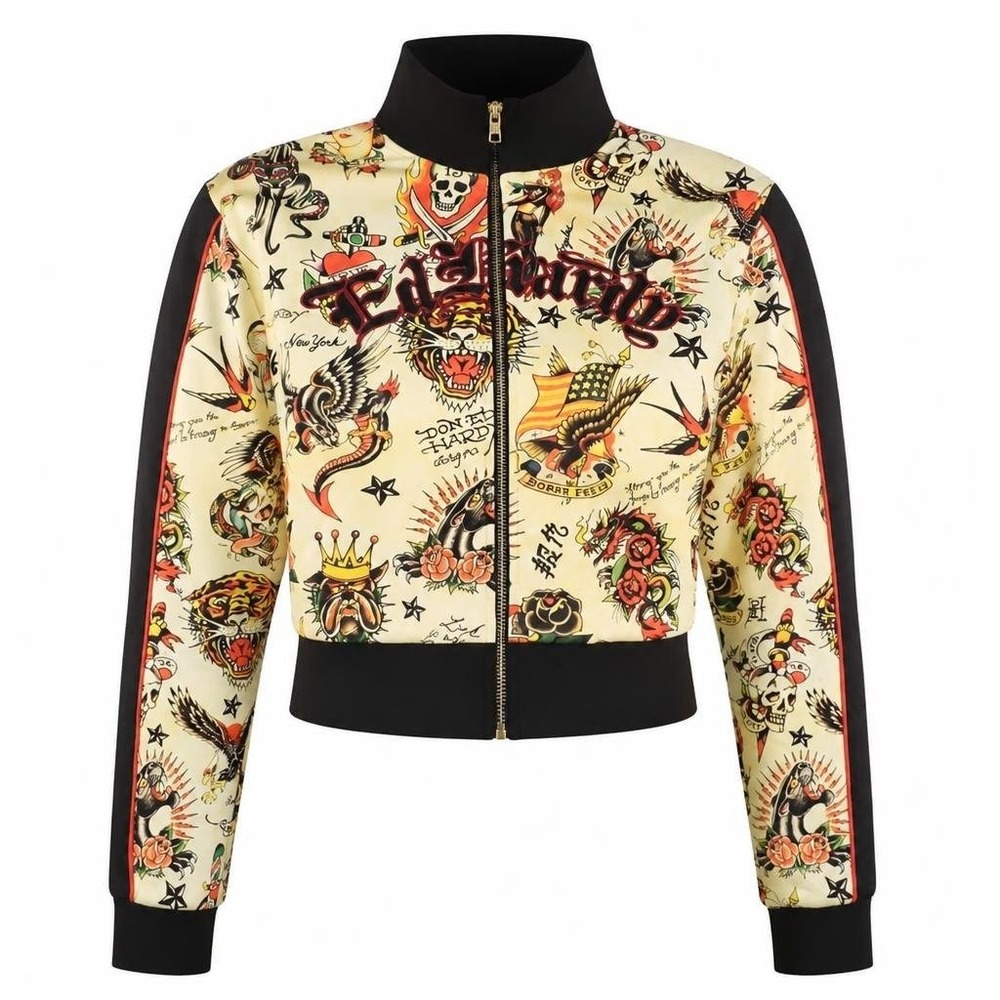 Ed Hardy Track Jacket Womens XL Shrunken Flashboard Multi Tattoo Cropped Y2K AOP